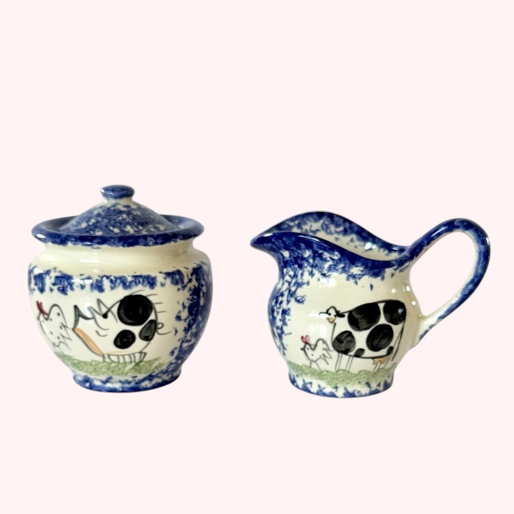 Molly Dallas Blue Spatterware Lidded Sugar & Creamer Signed Folk Art Farmhouse